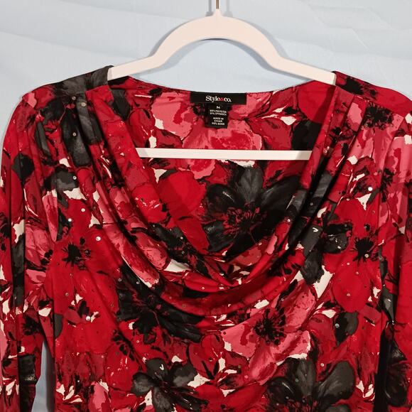 STYLE & CO Sparkly Top Red Black White Floral Cowl Neck 3/4 Sleeve Medium - Picture 4 of 7